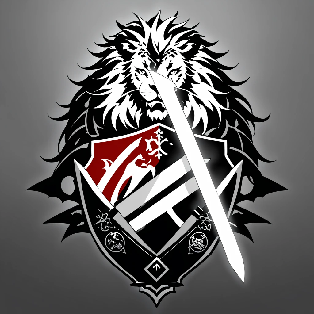 no words, badge, oriental, logo, badge, family crest, a lion-like creature, in red, black and white. Two swords pierce from inside her mouth and come out through her head. The beast displays a menacing look with crossed swords entering its mouth and piercing its head. two swords, two swords penetrating the creature. Badge of clan, icon, logo, simple background
