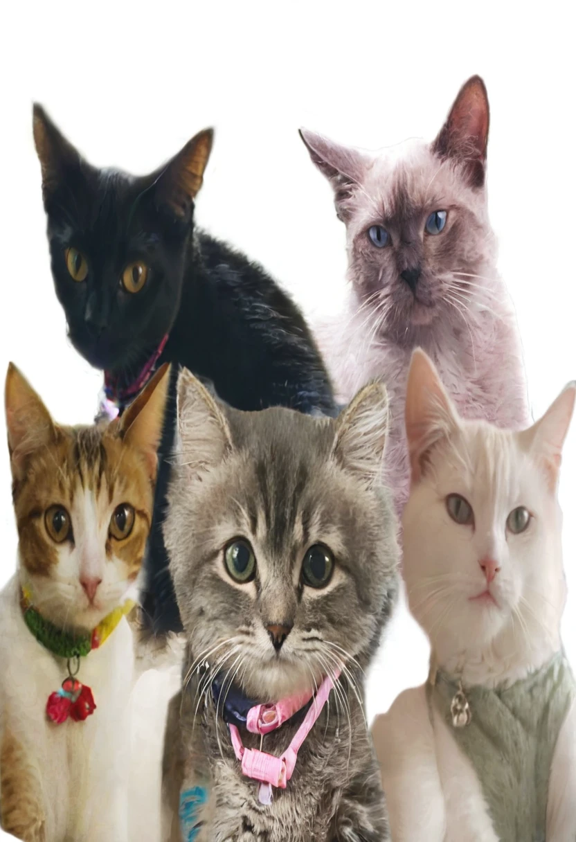 there are four cats that are sitting together in a row, catscatscats, cats, cats! are around, catss, neko, cats , cats cat dreamcats, kittens, pets, cat, cute cats, cat cat dreamcats, cat photo, all looking at camera, cat theme banner, pet, adoptables, meow, pet animal, flower garden plant background