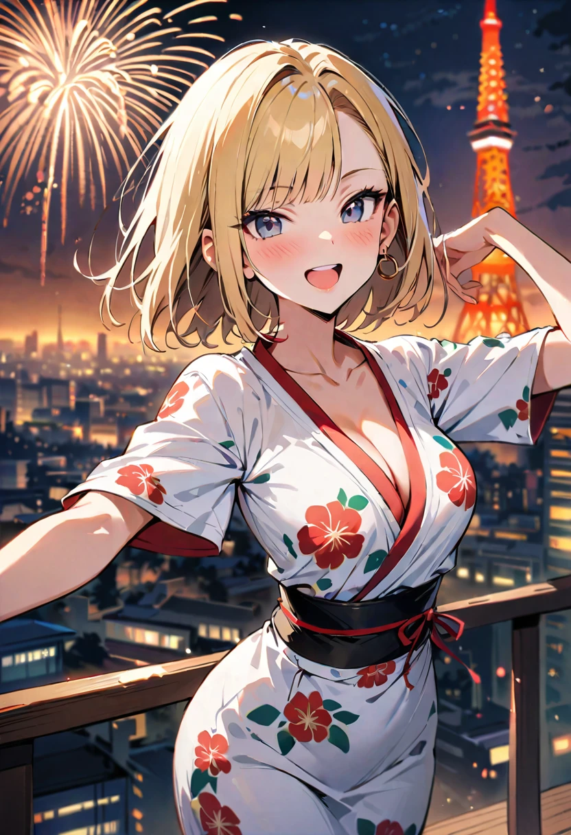 (masterpiece, best quality:1.2),1girl, (solo), Android 18 from Dragon Ball, ((floral print white kimono)), medium , blunt bangs, blonde short hair, (black eyes), earrings on earlobes, slim, slender feminine figure, skinny body, blush, magnificent view, blur background, 4K, open mouth, smile, Tokyo Tower, firework, arms open, collarbone,