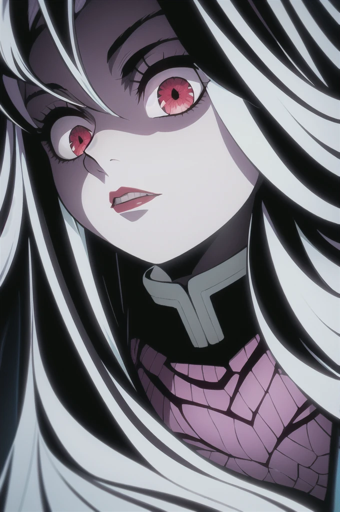 a demon-slaying swordswoman from kimetsu no yaiba, wearing a haori, beautiful black hair, red eyes holding a sword, detailed face and eyes, complex armour, hyper realist, cinematic lighting, dramatic pose, temperamental atmosphere, swirly vibrant colors, high detailed digital art