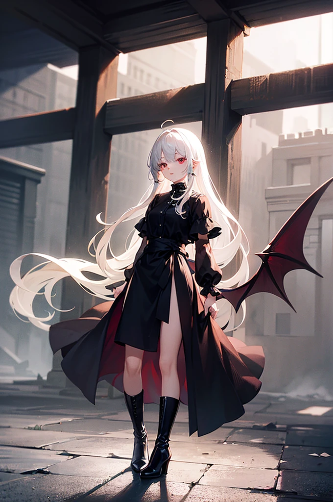 Girl, 20 years old, with long white hair down to below her waist, a serious yet tender expression, and red eyes. Her hair features black streaks. She wears antique-style clothing, a long black dress with a slit on the legs, and high black boots that almost reach her knees. Her power and background are related to shadows and darkness. demon wings, shadows