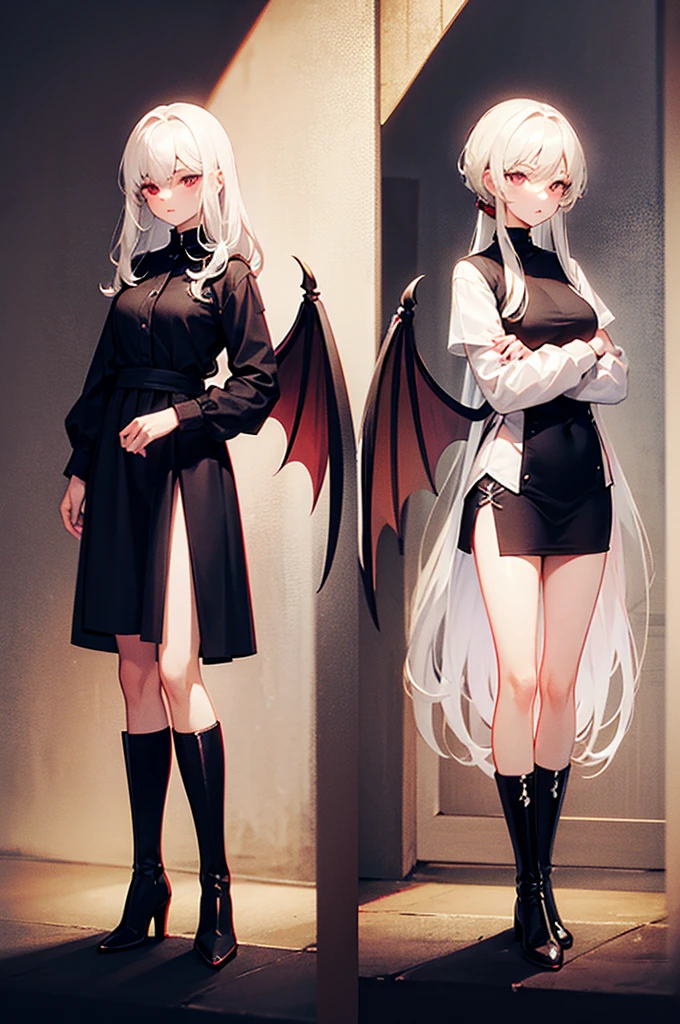 Girl, 20 years old, with long white hair down to below her waist, a serious yet tender expression, and red eyes. Her hair features black streaks. She wears antique-style clothing, a long black dress with a slit on the legs, and high black boots that almost reach her knees. Her power and background are related to shadows and darkness. demon wings, shadows