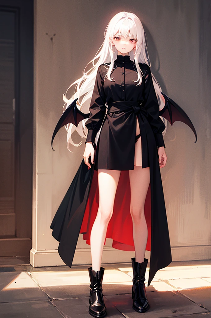Girl, 20 years old, with long white hair down to below her waist, a serious yet tender expression, and red eyes. Her hair features black streaks. She wears antique-style clothing, a long black dress with a slit on the legs, and high black boots that almost reach her knees. Her power and background are related to shadows and darkness. demon wings, shadows