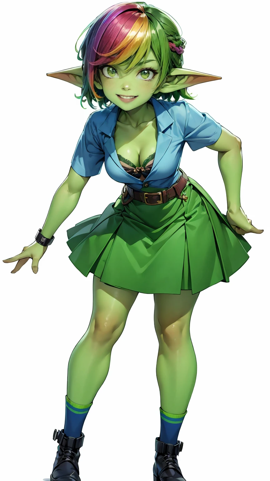 1 girl, short hair, green goblin girl, green skin, small pointy ears, ((rainbow hair)), very fashionable skirt and shirt, (wearing knee-socks), smiling, (full body), standing, posing for portrait, smiling, white background, simple background, cleavage