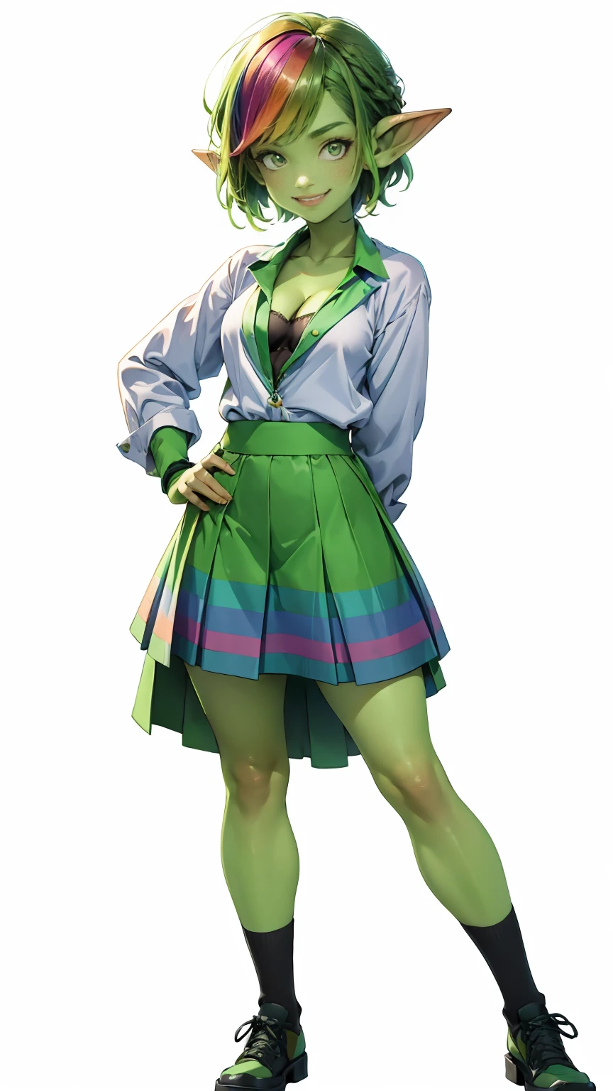 1 girl, short hair, green goblin girl, green skin, small pointy ears, ((rainbow hair)), very fashionable skirt and shirt, (wearing knee-socks), smiling, (full body), standing, posing for portrait, smiling, white background, simple background, cleavage