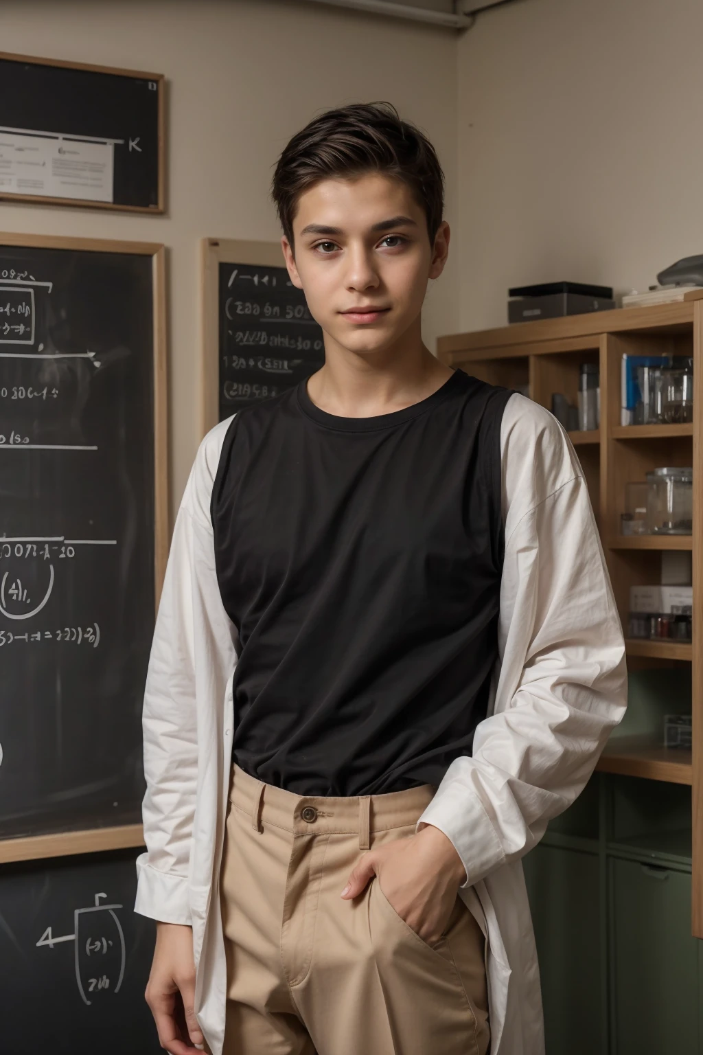 A beautiful young male twink with black hair, wearing a long-sleeved white cotton shirt and brown pants. He is in his scientific office, and behind him is a blackboard with calculus written on it. He looks on proudly with a face with makeup on.