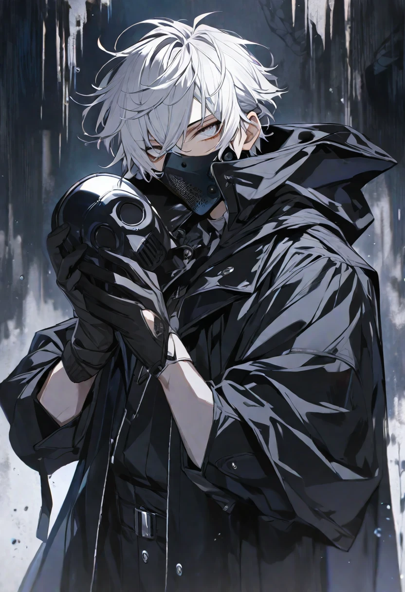 One, Beautiful, 1 man, short hair, White hair, white eyes, black raincoat, Black plague doctor mask, black gloves, black cylinder