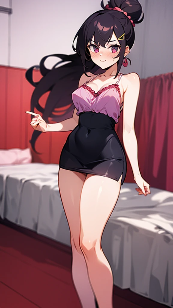 high tail hairstyle, Ponytail hairstyle, Long wavy black hair, standing posing, anime girl style, pixel art anime style,penetrating look with deep eyes,red and purple eyes, hair with a ponytail hairstyle trapped with a big red bun, Women, red hair clips, x color shaped hair clips , smiling face blush, next to his bed, lingerie, Tank Top, Black hair, mini skirt, big thighs,