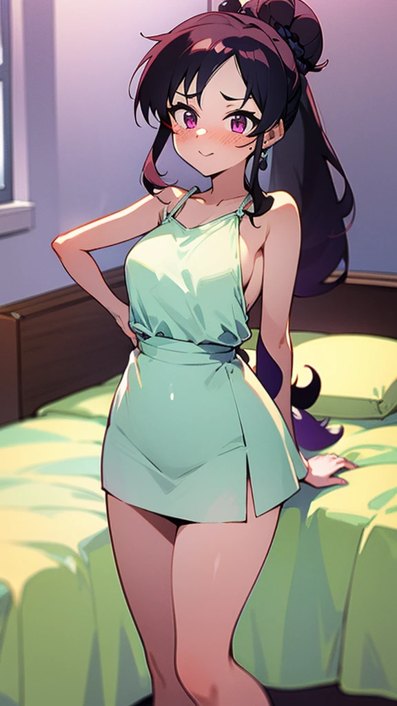 high tail hairstyle, Ponytail hairstyle, Long wavy black hair, standing posing, anime girl style, pixel art anime style,penetrating look with deep eyes,red and purple eyes, hair with a ponytail hairstyle trapped with a big red bun, Women, red hair clips, x color shaped hair clips , smiling face blush, next to his bed, lingerie, Tank Top, Black hair, mini skirt, big thighs,