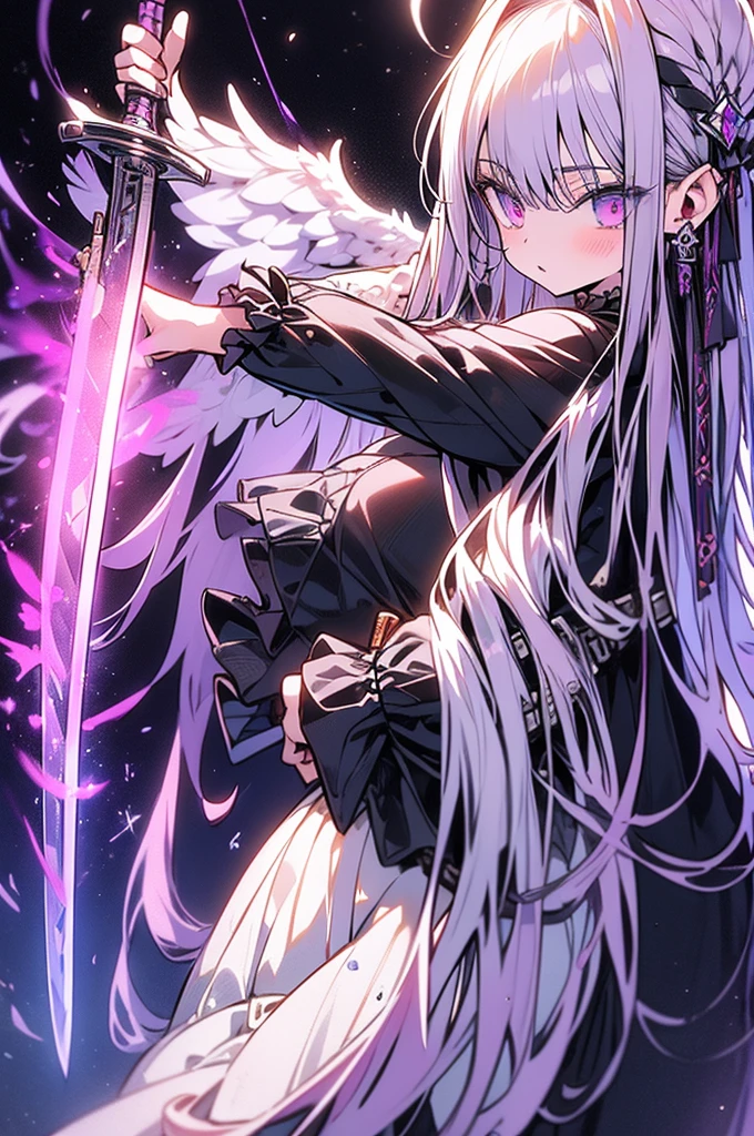 Masterpiece,angel of punishment,(((((holding a sword))))),white long hair,purple eyes,four wings,white and black Gothic Lolita,