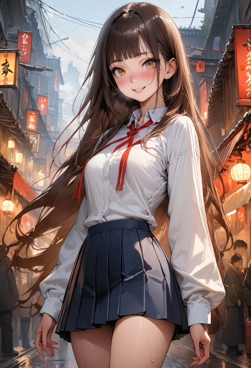 ((masterpiece,Highest quality:1.3,best quality illustration,realistic:1.3)),cowboy shot,独奏,1woman,(18-year-old、Japanese Beauty),dark brown hair,long hair,bangs,brown eyes,gorgeous eyes,(very small head:1.3),smile,(very long body:1.2,skinny),medium breasts,(Red ribbon tie、White long sleeve collared shirt、Navy blue pleated mini skirt),gleaming skin,toned body,slender body,sweat,standing,on street,neon、World of Blade Runner、