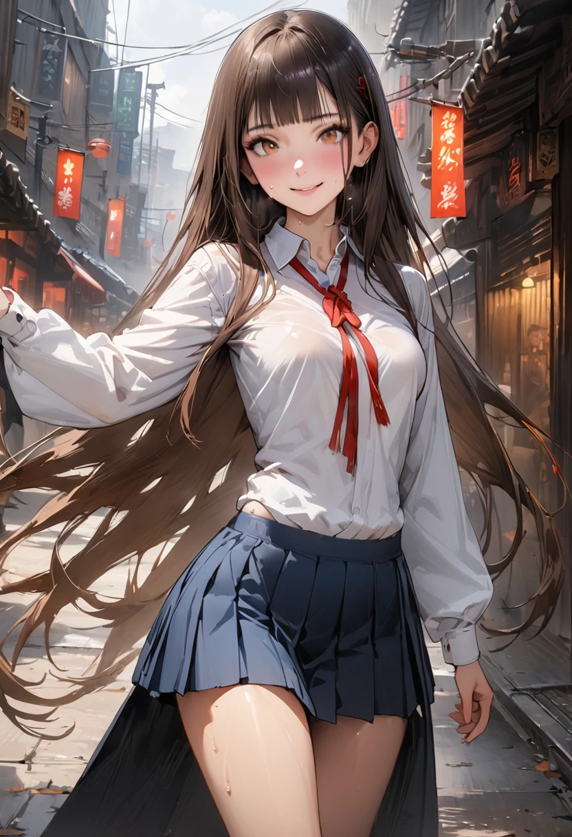 ((masterpiece,Highest quality:1.3,best quality illustration,realistic:1.3)),cowboy shot,独奏,1woman,(18-year-old、Japanese Beauty),dark brown hair,long hair,bangs,brown eyes,gorgeous eyes,(very small head:1.3),smile,(very long body:1.2,skinny),medium breasts,(Red ribbon tie、White long sleeve collared shirt、Navy blue pleated mini skirt),gleaming skin,toned body,slender body,sweat,standing,on street,neon、World of Blade Runner、