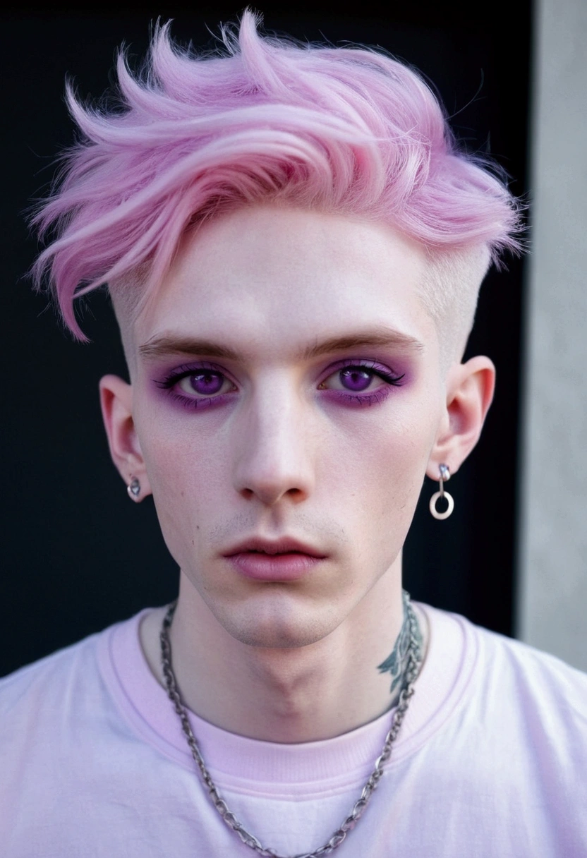short pink hair, skinny man, pastel goth, earrings, pale skin, purple eyes