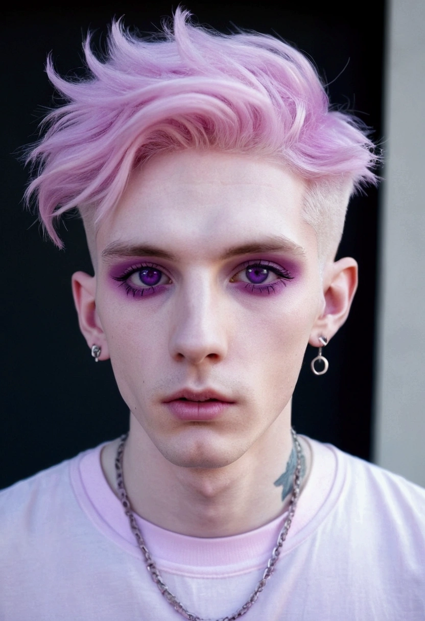 short pink hair, skinny man, pastel goth, earrings, pale skin, purple eyes