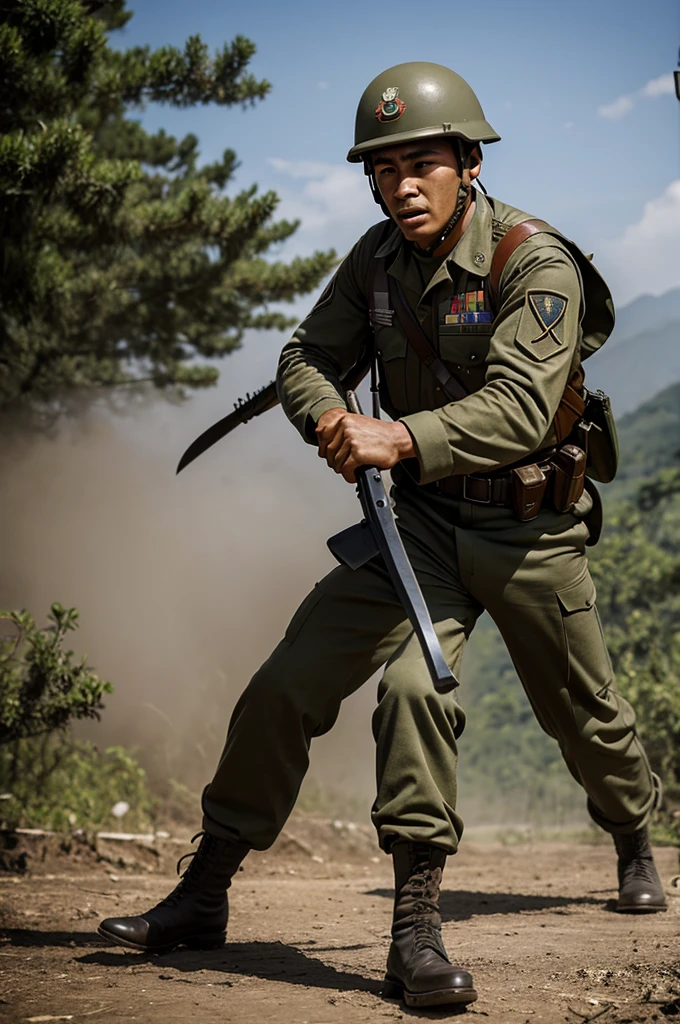 Create an image of a Colombian soldier in the South Korean War defending himself against an attacker with his machete