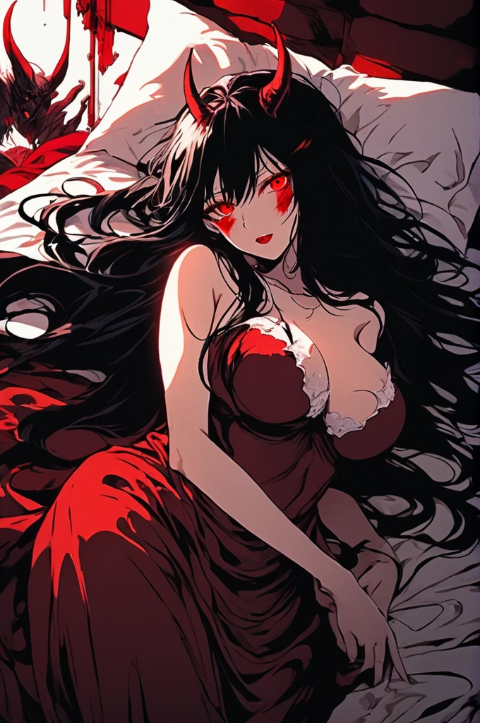A girl with long loose black hair, crimson red eyes. Deep red lipstick, red eye shadow , Full body very big breasts demon, full body full nude lying in bed
