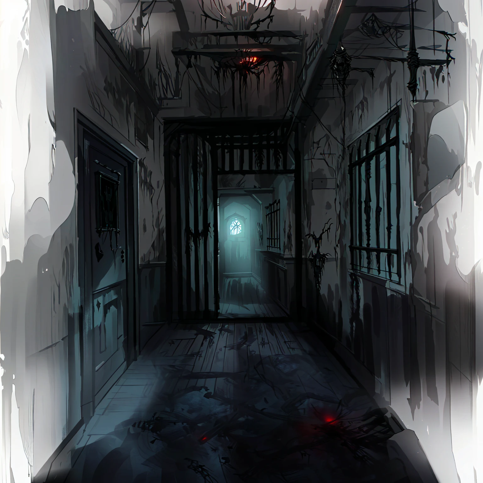 There is a photo of the hallway，Light comes in from the window, Prison Background, Silent Hill concept art, Creepy liminal space, Horror Concept Art, dark hallways, Interior Background Art, Weird nostalgic concept art, dark hallway, Dark Concept Art, long dark hallway, The terrifying empty limbo, Horror environment, creepy backgrounds, dark hallway