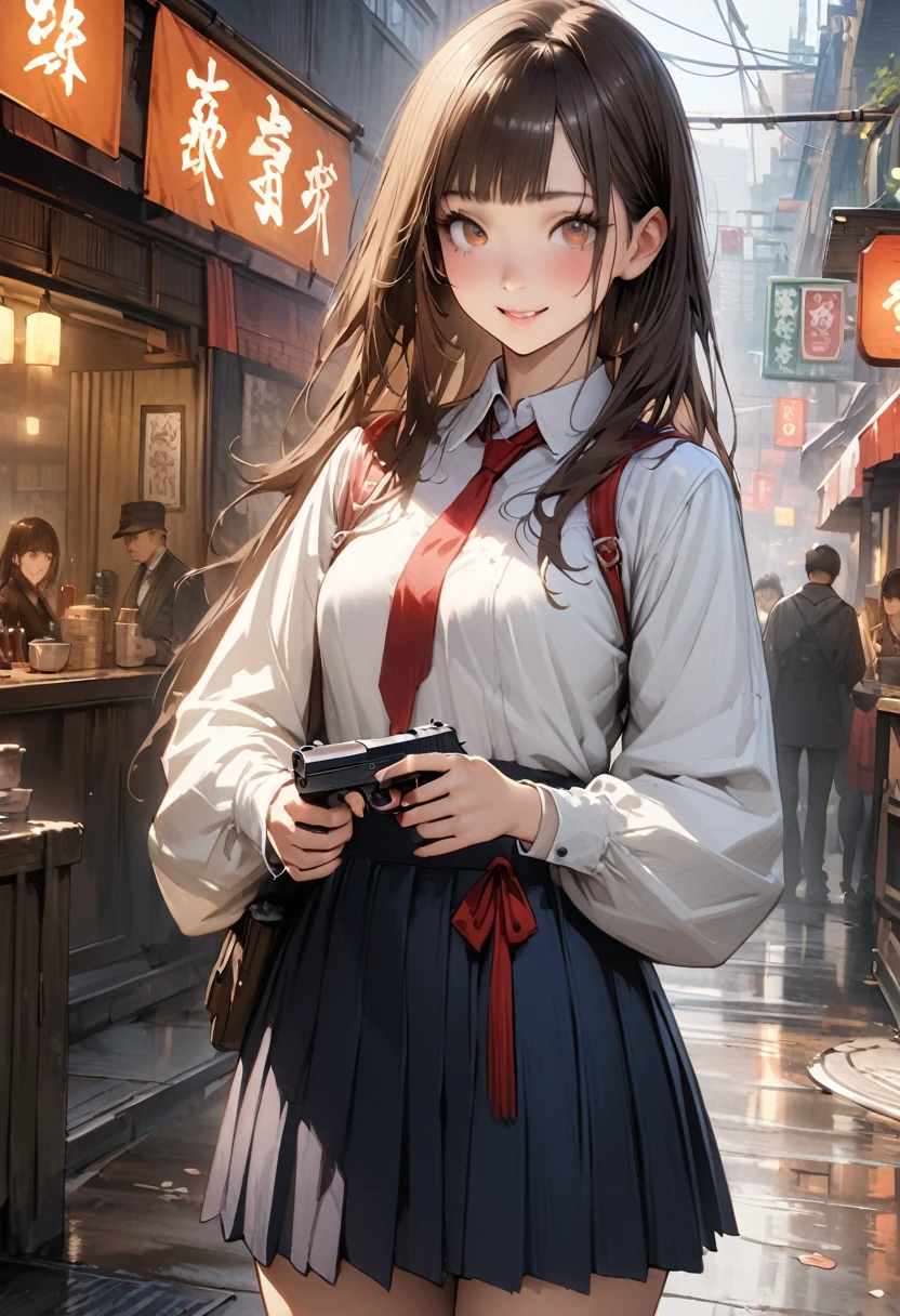 ((A detailed depiction of a woman holding a handgun))、((masterpiece,Highest quality:1.3,best quality illustration,realistic:1.3)),cowboy shot,独奏,1woman,(18-year-old、Japanese Beauty),dark brown hair,long hair,bangs,brown eyes,gorgeous eyes,(very small head:1.3),smile,(very long body:1.2,skinny),medium breasts,(Red ribbon tie、White long sleeve collared shirt、Navy blue pleated mini skirt),gleaming skin,toned body,slender body,sweat,standing,on street,neon、World of Blade Runner、