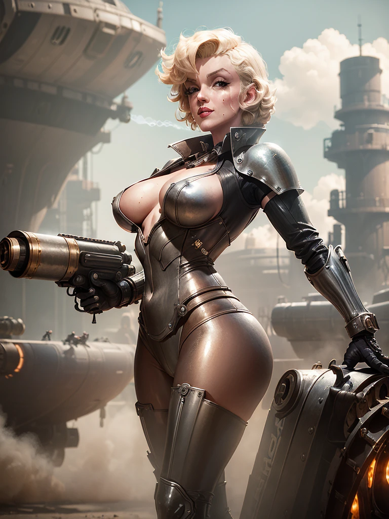 (Steampunk)(cybernetic Assassin woman (M_Monroe), 2 obviously steam driven limbs, seductive infiltration suit, big gun), airships berthed in drydock in background
