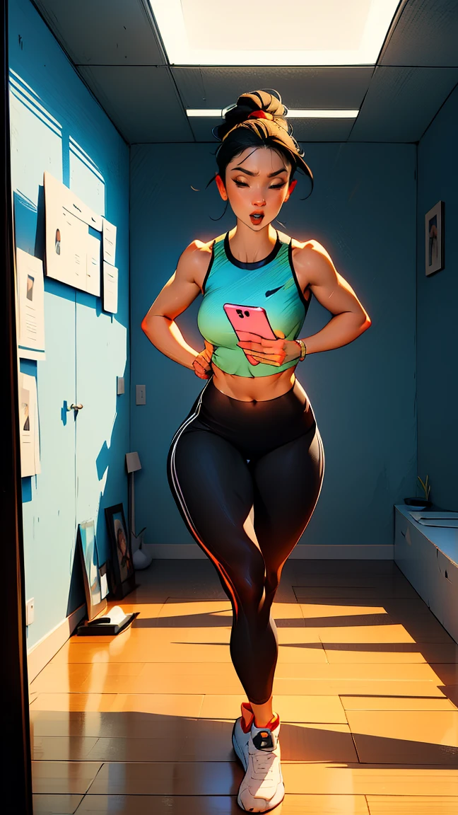 A 3D anime girl running on a treadmill while reading and learning on a tablet. The girl has vibrant, colorful hair and wears sporty workout clothes. The treadmill is in a modern, well-lit room with a motivational poster on the wall. The tablet is held securely in front of her, and she is focused on it, multitasking between her physical exercise and her studies.