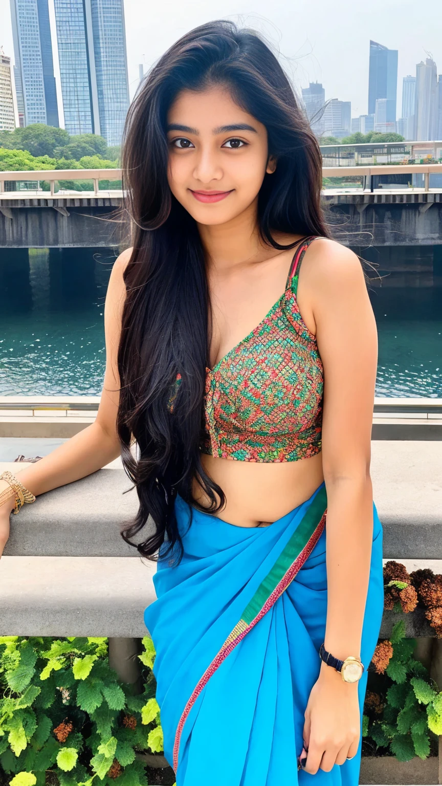 lovely cute young attractive north indian age girl, big city girl, 18 years old, cute, an Instagram model, long black_hair, colorful hair,black saree, ,Indian,hot figure, clean face