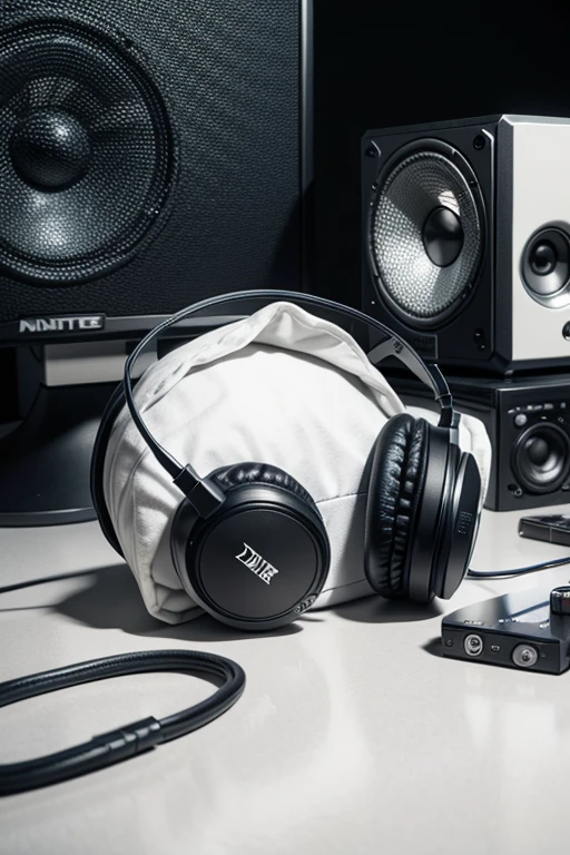 headphones thrown on top of a white thug nine shirt next to two studio speakers