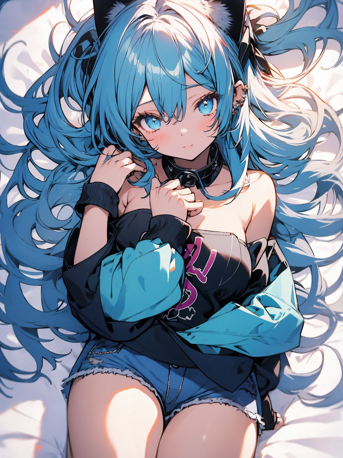 Miku Hatsune, add alta definición_detail:1, blue fur,kitsune ears, tatuaje tribal add_detail:1,pose in bed, scoating position during a full moon showing off her beautiful figure and her outfit (black blouse bare shoulders, denim mini shorts) add_details:1, sonriendo add_detailsl:1, ear piercing add_detail:1, scoating position on bed add_detail, shy teen add_detail:1, aqua add pupils_detail 