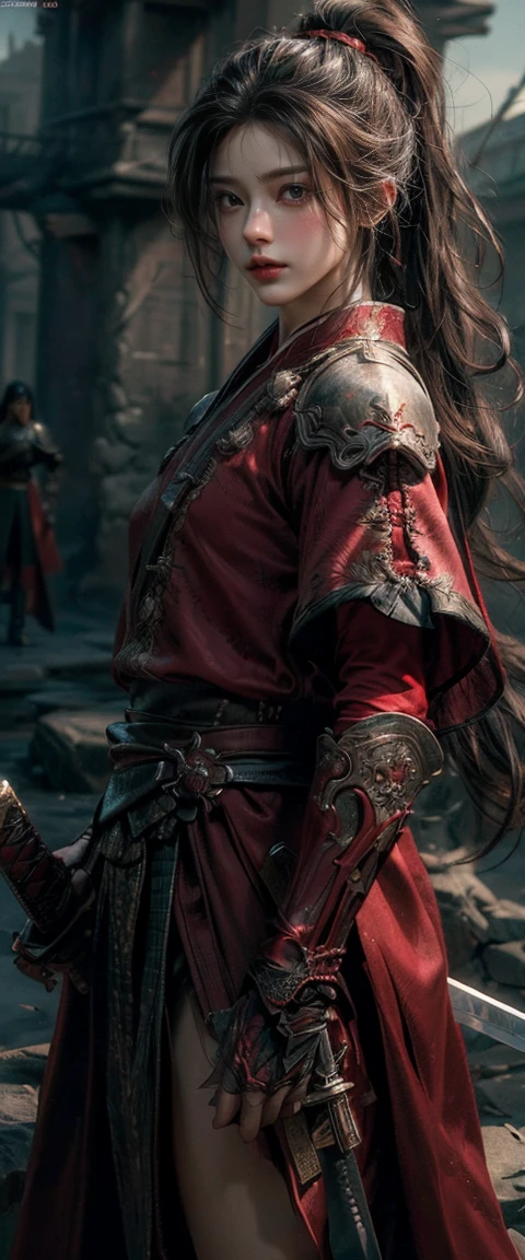((Masterpiece, Top Quality, High Resolution, Photorealistic, Raw, 8K wallpaper)), A male swordsman in clothes, Hero of the Three Kingdoms, (A large sword is held in both hands), he has long black hair tied back, wears iron armor and a red cape, Surrounded by enemy soldiers with a burning city in the background,