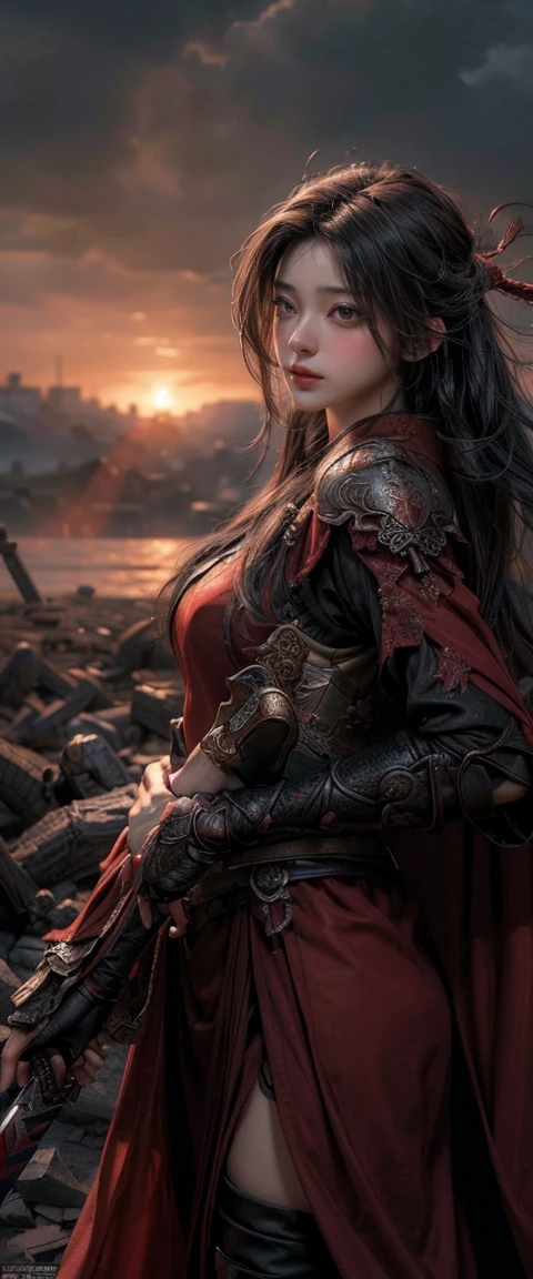 ((Masterpiece, Top Quality, High Resolution, Photorealistic, Raw, 8K wallpaper)), A male swordsman in clothes, Hero of the Three Kingdoms, (A large sword is held in both hands), he has long black hair tied back, wears iron armor and a red cape, Surrounded by enemy soldiers with a burning city in the background,