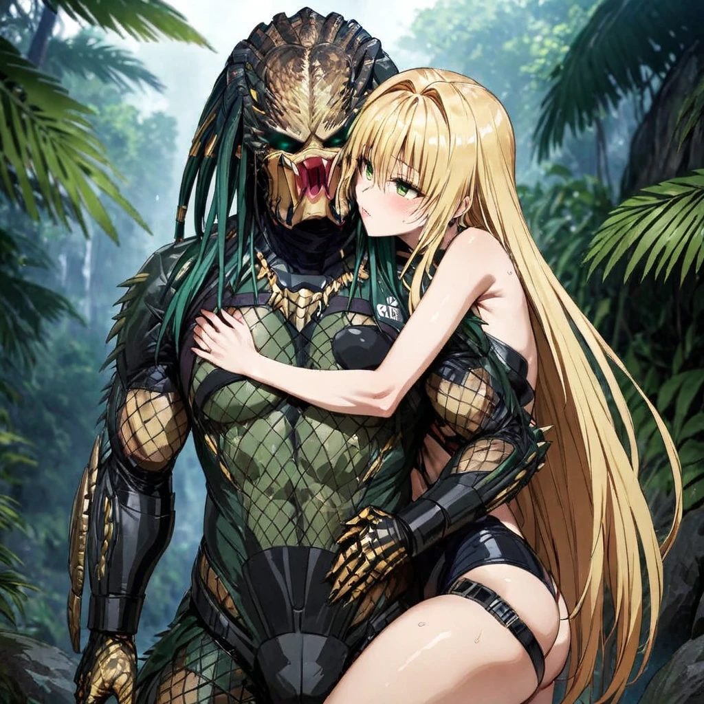 ((Highest quality)), ((masterpiece)), (detailed), (Perfect Face)、The woman is Tiare, a female predator with green eyes and medium-long blonde hair, wearing a black predator bodysuit.、In the jungle, she is having with a predator while hugging and kissing him.、The predator is having sexth the woman while embracing and loving her、The man is a burly predator and wears a Predator Suit.