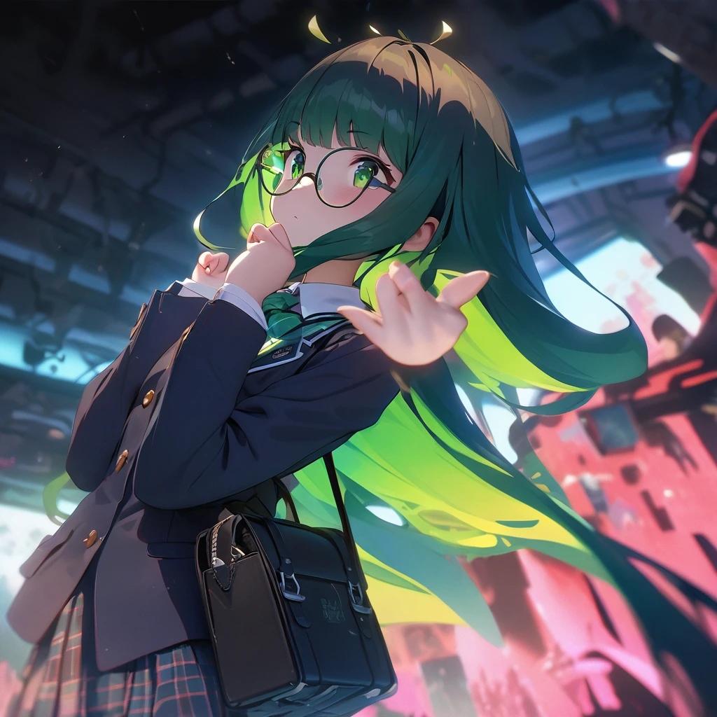 background crowded train of Tokyo, dutch_angle, (masterpiece, cute_cartoon_style, official_art, octane_render):1.4, ice_photography, double exposure prism, 
1 girl, black school bag throw sky, point your finger at, (perfect anatomy, perfect hands only 5fingers), (detailed green eyes, jet-black long_hair, colored inner green ombre hair multicolored hair,antenna hair):1.21,  diffused_natural_skin_glow, headphone, staring, (in black/green combination_school blazer, tartan plaid skirt), cherubic_face, melancholy, eyebrows, black_leather_shoes, bespectacled, thrusting_hand_out,  light shadow symmetry, ethereal lighting, ray tracing, 
repaint (jet-black long_hair, colored inner green hair):1.33, 