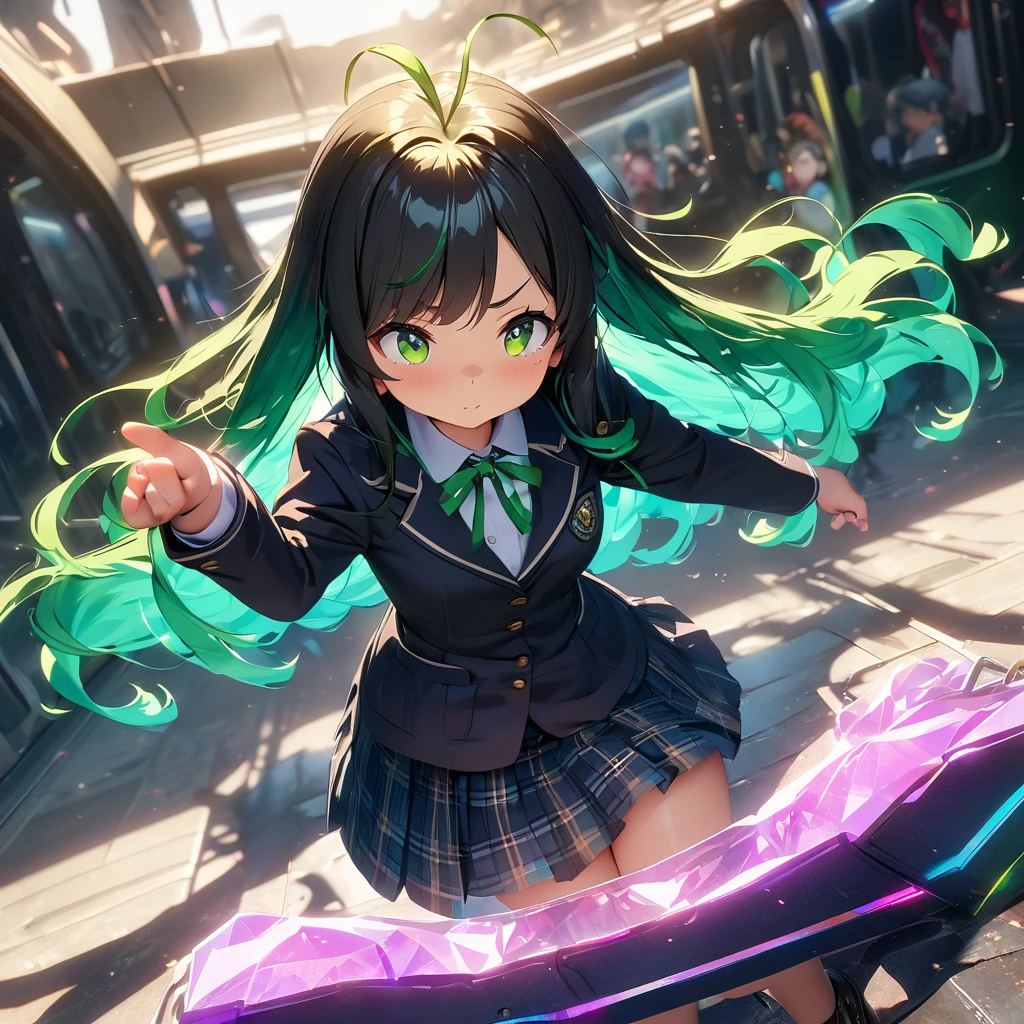 background crowded train of Tokyo, dutch_angle, (masterpiece, cute_cartoon_style, official_art, octane_render):1.4, ice_photography, double exposure prism,
1 girl, black school bag throw sky, point your finger at, (perfect anatomy, perfect hands only 5fingers), (detailed green eyes, jet-black long_hair, colored inner green ombre hair multicolored hair,antenna hair):1.21, diffused_natural_skin_glow, headphone, staring, (in black/green combination_school blazer, tartan plaid skirt), cherubic_face, melancholy, eyebrows, black_leather_shoes, bespectacled, thrusting_hand_out, light shadow symmetry, ethereal lighting, ray tracing,
repaint (jet-black long_hair, colored inner green hair):1.33,