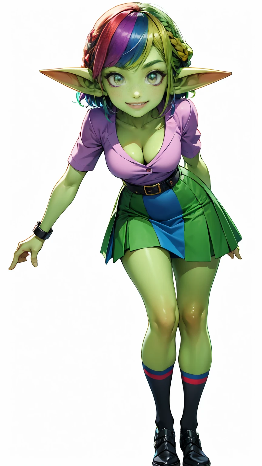 1 girl, short hair, green goblin girl, green skin, small pointy ears, ((rainbow hair)), very fashionable skirt and shirt, (wearing knee-socks), smiling, (full body), standing, posing for portrait, smiling, white background, simple background, cleavage