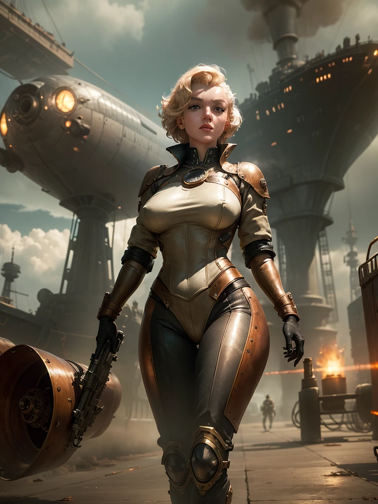 a cybernetic assassin woman (M_Monroe), 2 obviously steam driven limbs, seductive infiltration suit, big gun, airships berthed in drydock in background, steampunk, photorealistic, 8k, best quality, highly detailed, sharp focus, vivid colors, dramatic lighting, cinematic composition, intricate machinery, brass and copper accents, leather and metal textures, moody atmosphere, dramatic shadows
