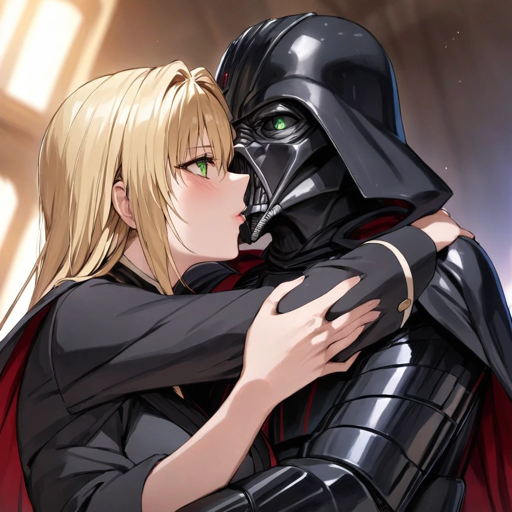 ((Highest quality)), ((masterpiece)), (detailed), （Perfect Face）、The woman is Tiare, a beautiful Space Imperial Army officer with green eyes and medium-long blonde hair, wearing a Space Imperial Army uniform and military cap.、The woman pledges her loyalty to Emperor Palpatine, and they embrace, love, and kiss.、The woman is standing close to the Emperor, and the dignified old Emperor Palpatine is holding her close, kissing her and loving her.、The man is Darth Sidious, Emperor Palpatine, Dark Lord of the Sith, a wrinkled, dignified, ugly old man wearing a black hooded robe, embracing, kissing and fondling a woman.