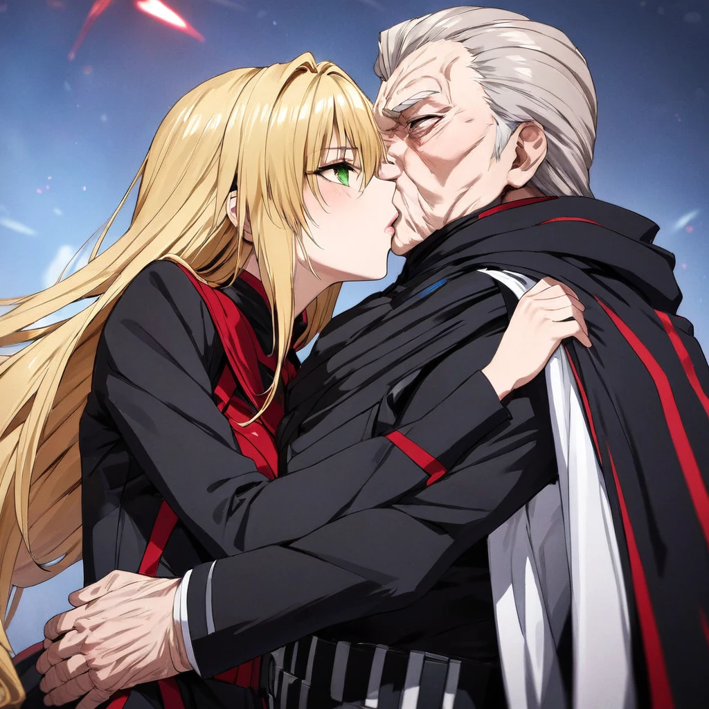 ((Highest quality)), ((masterpiece)), (detailed), (Perfect Face)、The woman is Tiare, a beautiful Space Imperial Army officer with green eyes and medium-long blonde hair, wearing a Space Imperial Army uniform and military cap.、The woman pledges her loyalty to Emperor Palpatine, and they embrace, love, and kiss.、The woman is standing close to the Emperor, and the dignified old Emperor Palpatine is holding her close, kissing her and loving her.、The man is Darth Sidious, Emperor Palpatine, Dark Lord of the Sith, a wrinkled, dignified, ugly old man wearing a black hooded robe, embracing, kissing and fondling a woman.