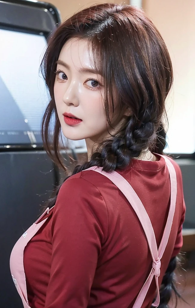 irene1, high quality, ultra detailed, masterpiece, realistic, 1girl, mature female, milf, motherly, 40 years old, red clothes, pink apron, large breasts, brown hair, single braid, open mouth, looking at viewer, blue hair tie, ultra high res.photo realistic: 1.4, UDH