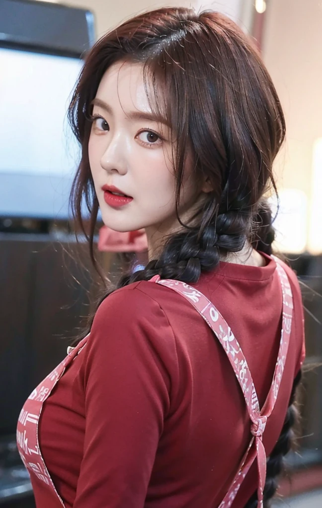 irene1, high quality, ultra detailed, masterpiece, realistic, 1girl, mature female, milf, motherly, 40 years old, red clothes, pink apron, large breasts, brown hair, single braid, open mouth, looking at viewer, blue hair tie, ultra high res.photo realistic: 1.4, UDH