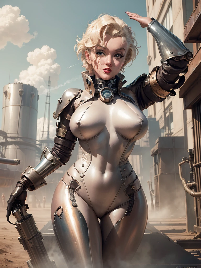 (Steampunk)(cybernetic Assassin woman (M_Monroe), 2 obviously steam driven limbs, seductive infiltration suit, big gun), airships berthed in drydock in background