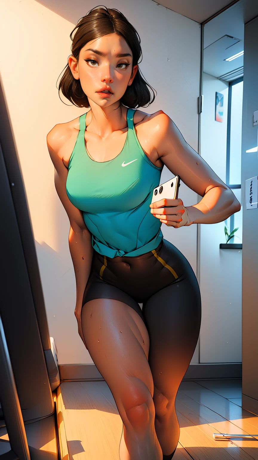 A 3D anime girl running on a treadmill while reading and learning on a tablet. The girl has vibrant, colorful hair and wears sporty workout clothes. The treadmill is in a modern, well-lit room with a motivational poster on the wall. The tablet is held securely in front of her, and she is focused on it, multitasking between her physical exercise and her studies.
