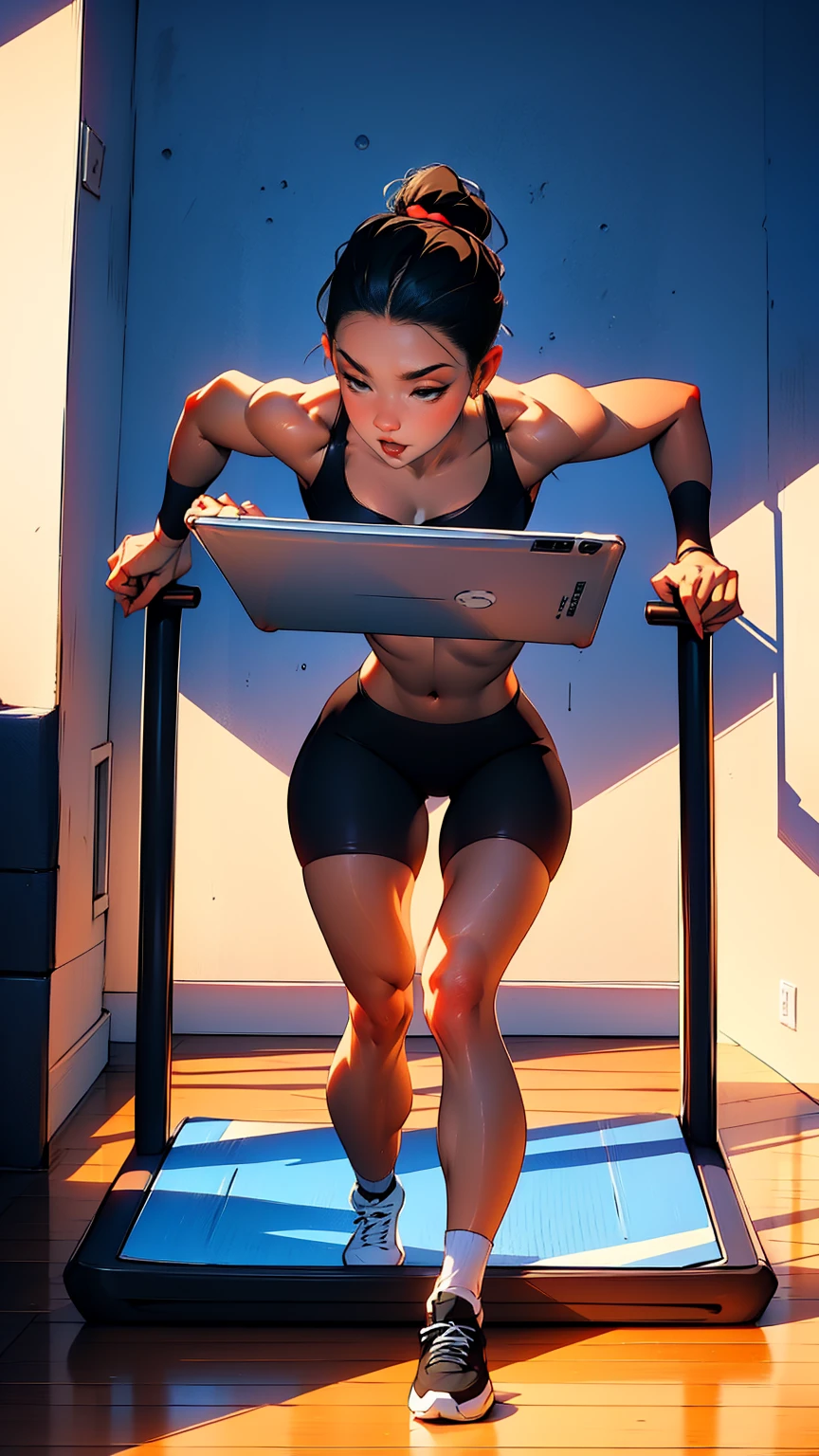 A 3D anime girl running on a treadmill while reading and learning on a tablet. The girl has vibrant, colorful hair and wears sporty workout clothes. The treadmill is in a modern, well-lit room with a motivational poster on the wall. The tablet is held securely in front of her, and she is focused on it, multitasking between her physical exercise and her studies.