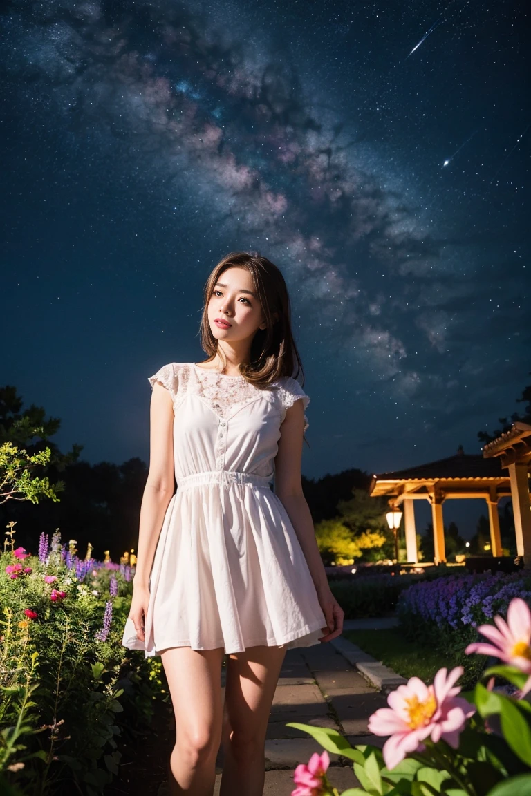 Highest quality, expensive_solve, clear_image, Detailed Background, girl, flower, garden, Starry Sky,