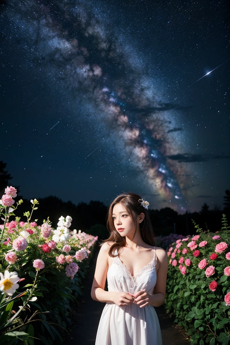 Highest quality, expensive_solve, clear_image, Detailed Background, girl, flower, garden, Starry Sky,