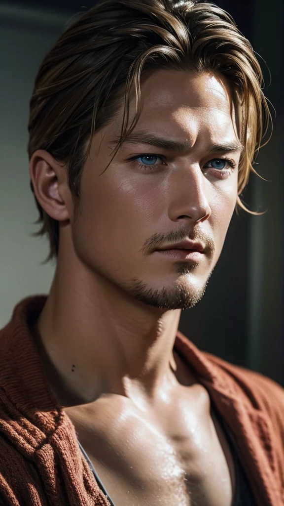 A detailed hyper realistic CGI face, Travis Fimmel, Cinematic color, sad