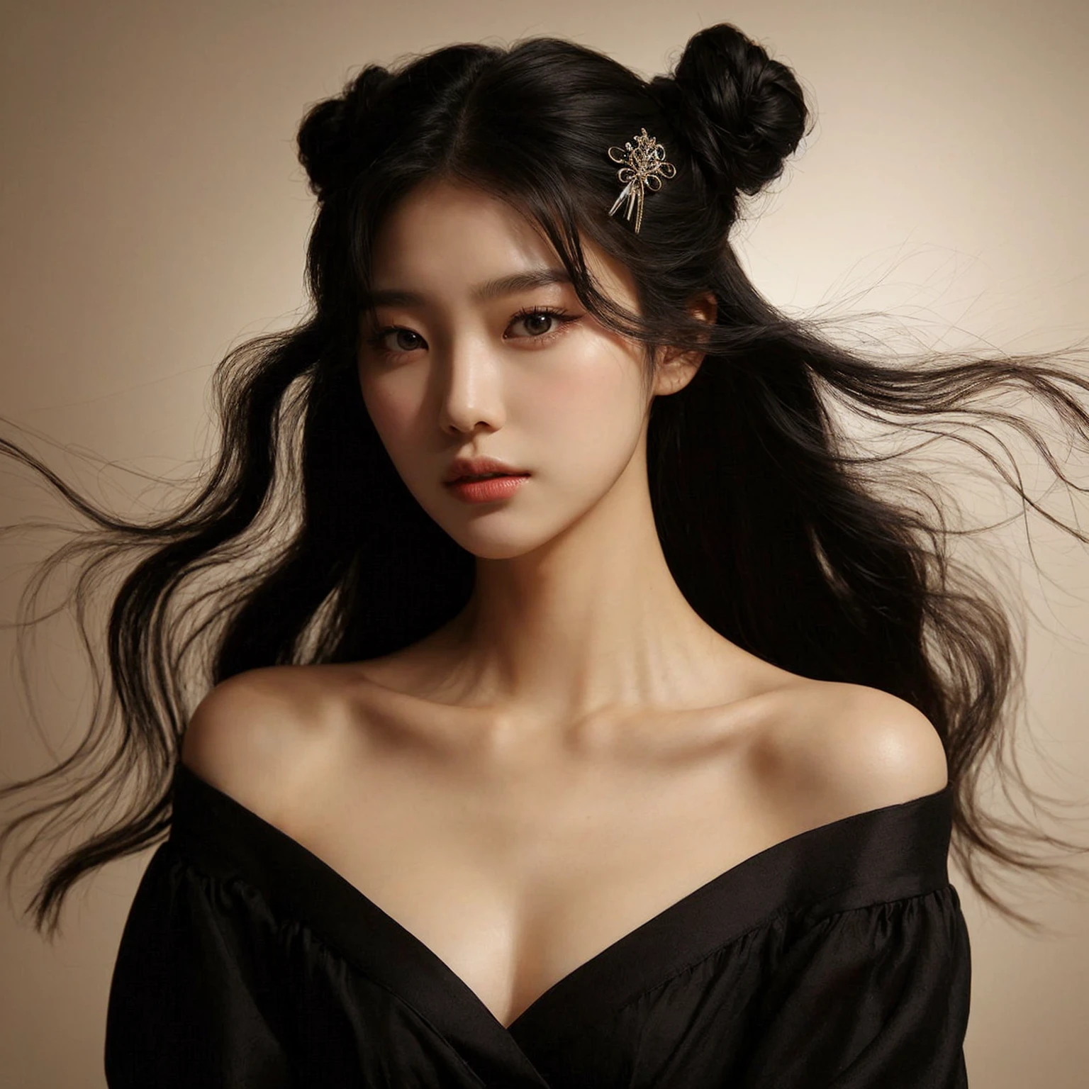 Create a portrait of a young korean woman, flowing black hair, set against a cream, smoky background. She is wearing a black open shoulders dress and has a poised, medium chest, elegant expression. The woman has a hairpin with intricate designs in her hair, adding a touch of sophistication to her look. The lighting is soft and dramatic, highlighting her facial features and creating a sense of depth and mystery in the composition.
