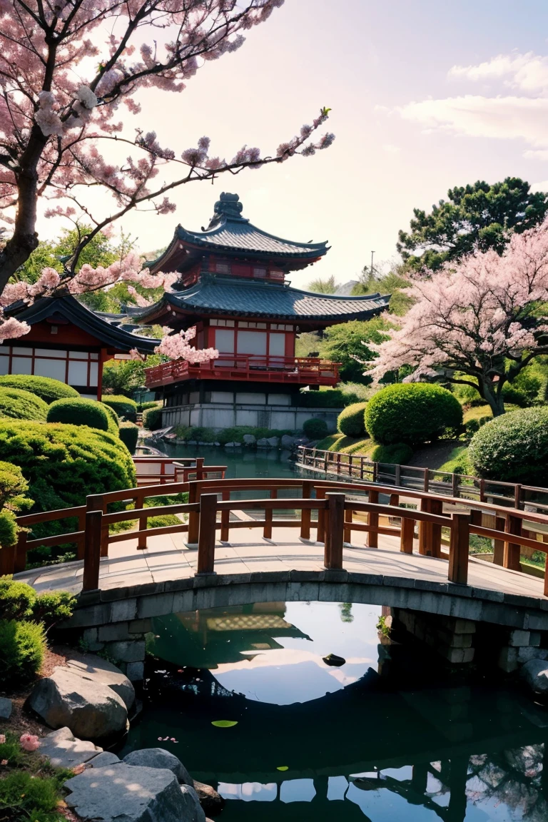 (Digital Painting),(Highest quality), Tranquil Japanese Garden, Cherry tree in full bloom, Koi Pond, Pedestrian bridge, Pagoda, Ukiyo-e art style, Hokusai inspiration, Deviant art is popular, 8K Ultra Real, Pastel color scheme, Soft lighting, Golden Hour, Quiet atmosphere, Landscape