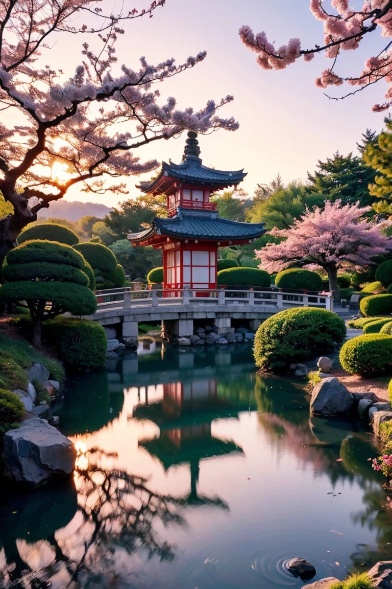 (Digital Painting),(Highest quality), Tranquil Japanese Garden, Cherry tree in full bloom, Koi Pond, Pedestrian bridge, Pagoda, Ukiyo-e art style, Hokusai inspiration, Deviant art is popular, 8K Ultra Real, Pastel color scheme, Soft lighting, Golden Hour, Quiet atmosphere, Landscape