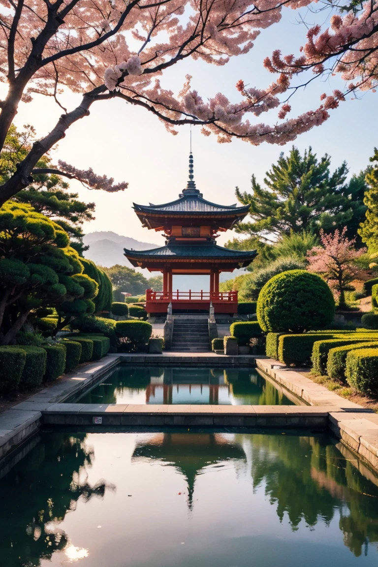 (Digital Painting),(Highest quality), Tranquil Japanese Garden, Cherry tree in full bloom, Koi Pond, Pedestrian bridge, Pagoda, Ukiyo-e art style, Hokusai inspiration, Deviant art is popular, 8K Ultra Real, Pastel color scheme, Soft lighting, Golden Hour, Quiet atmosphere, Landscape