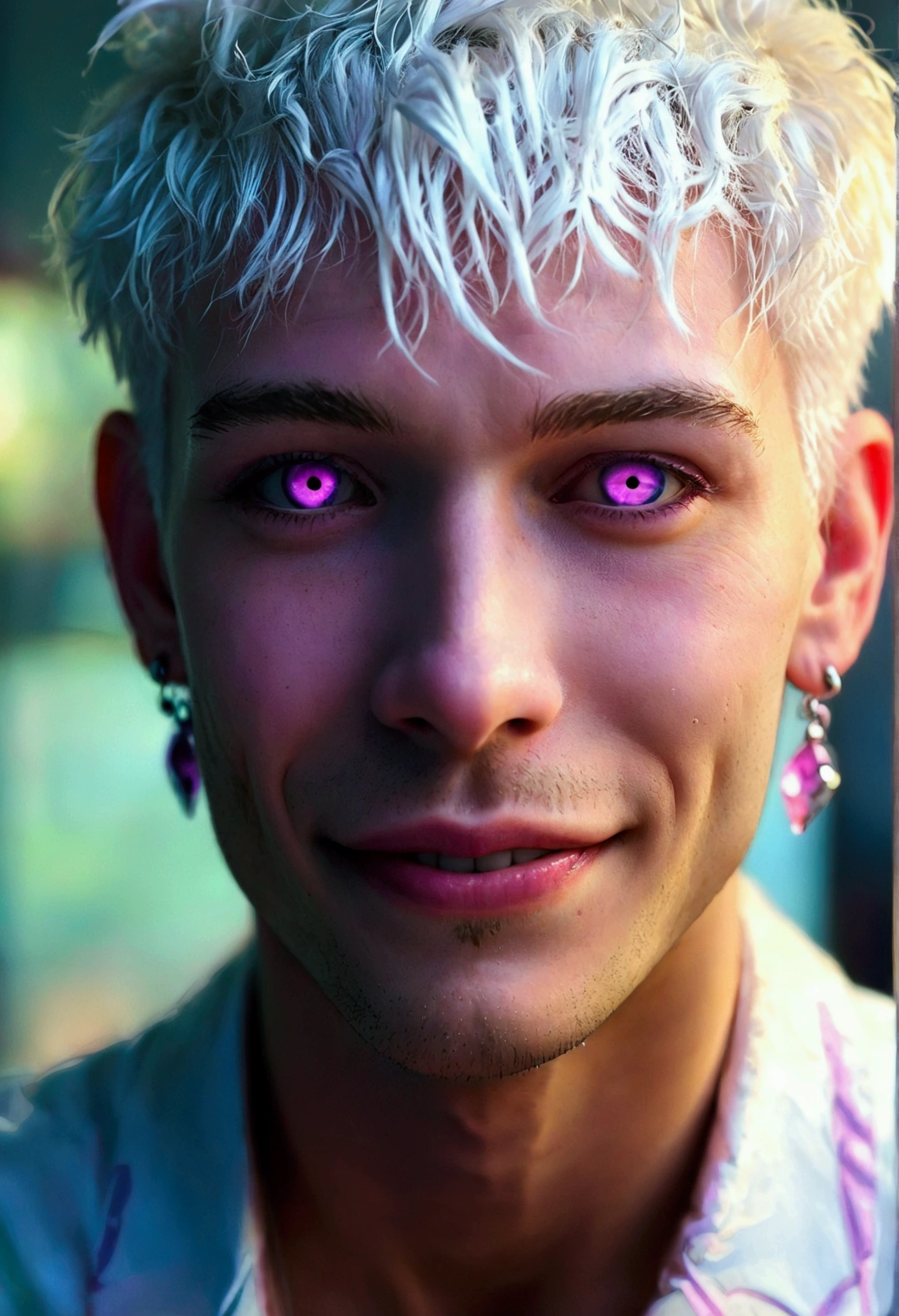 short white hair, skinny man, pink goth, earrings, pale skin, purple eyes, smile