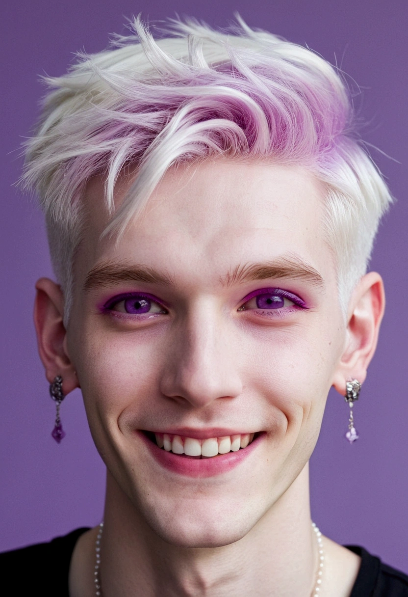 short white hair, skinny man, pink goth, earrings, pale skin, purple eyes, smile